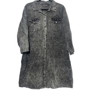 Speed Limit Acid Wash Denim Shirt Dress Studded Collared Button Down Long Sleeve